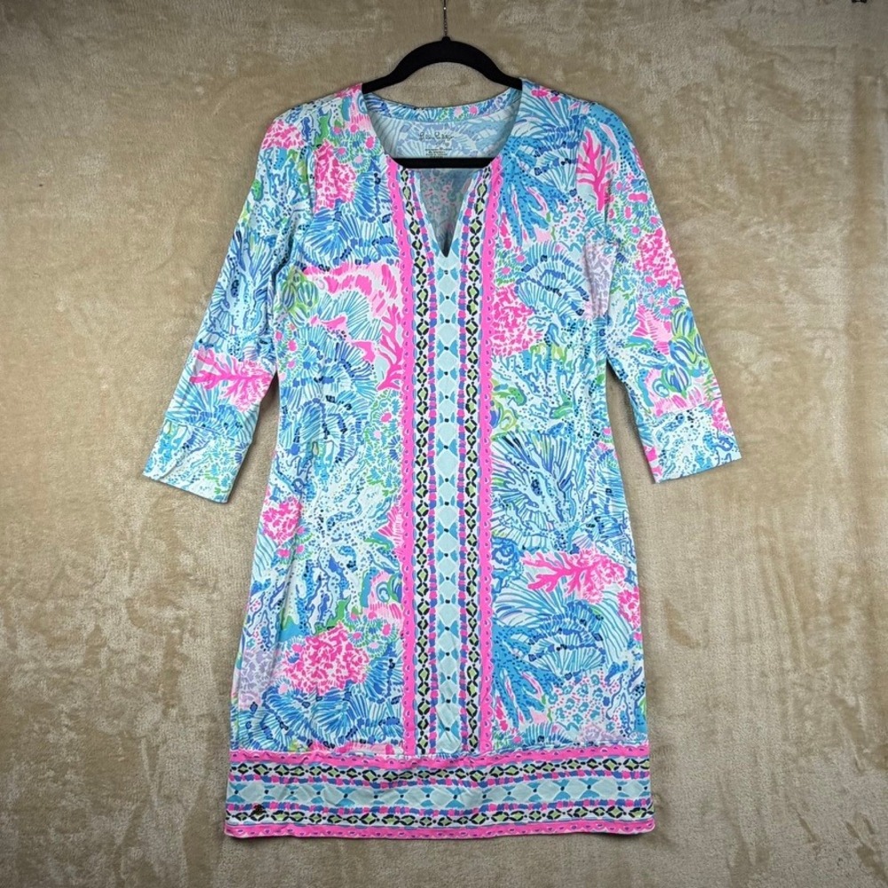 Lilly Pulitzer Sophie Dress Blue Pink Coral Reef Print UPF 50+ Women Small